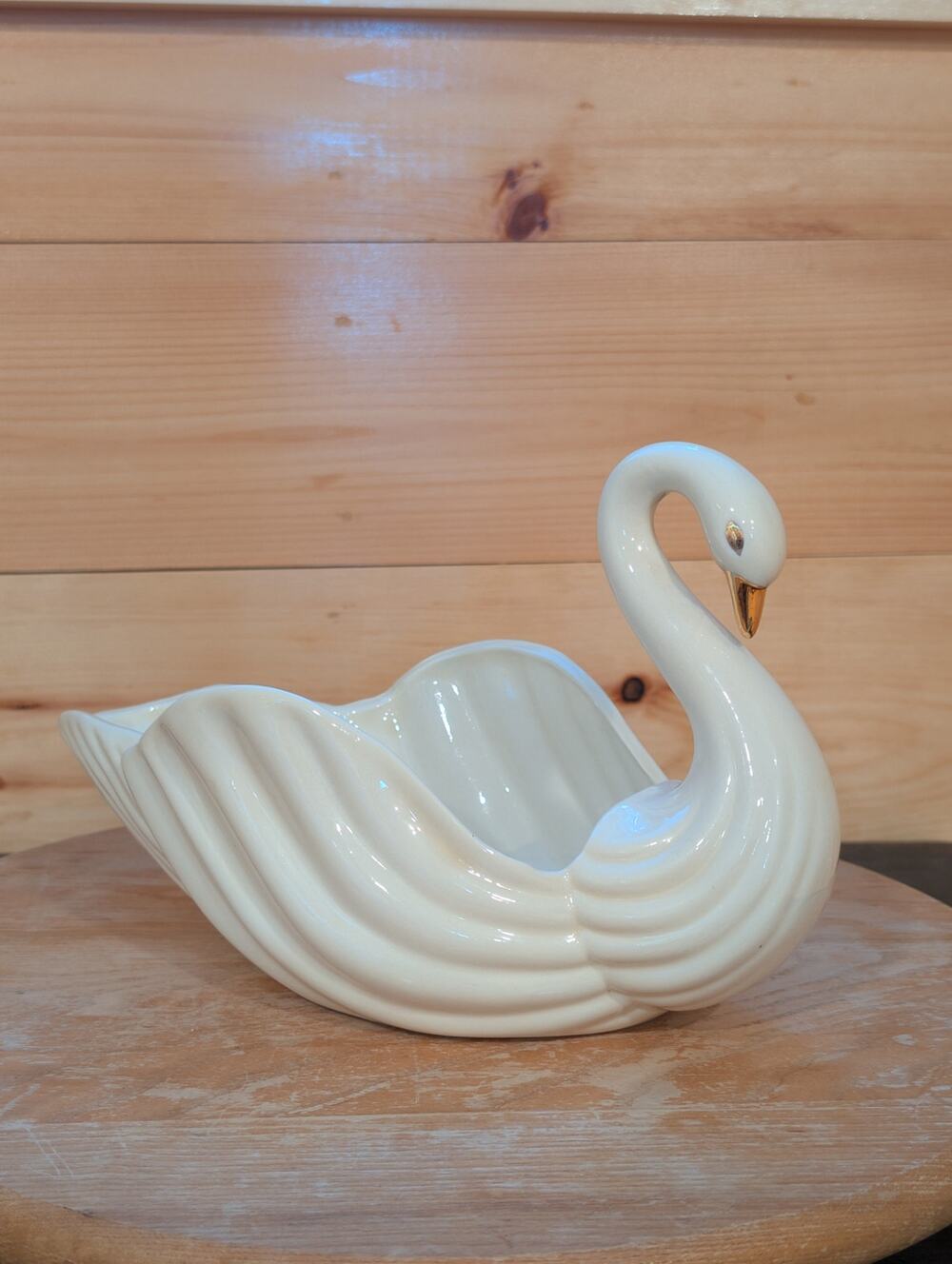 Vintage 1989 Ceramic Swan Planter Bathroom Decor Ivory Gold Accents 10"